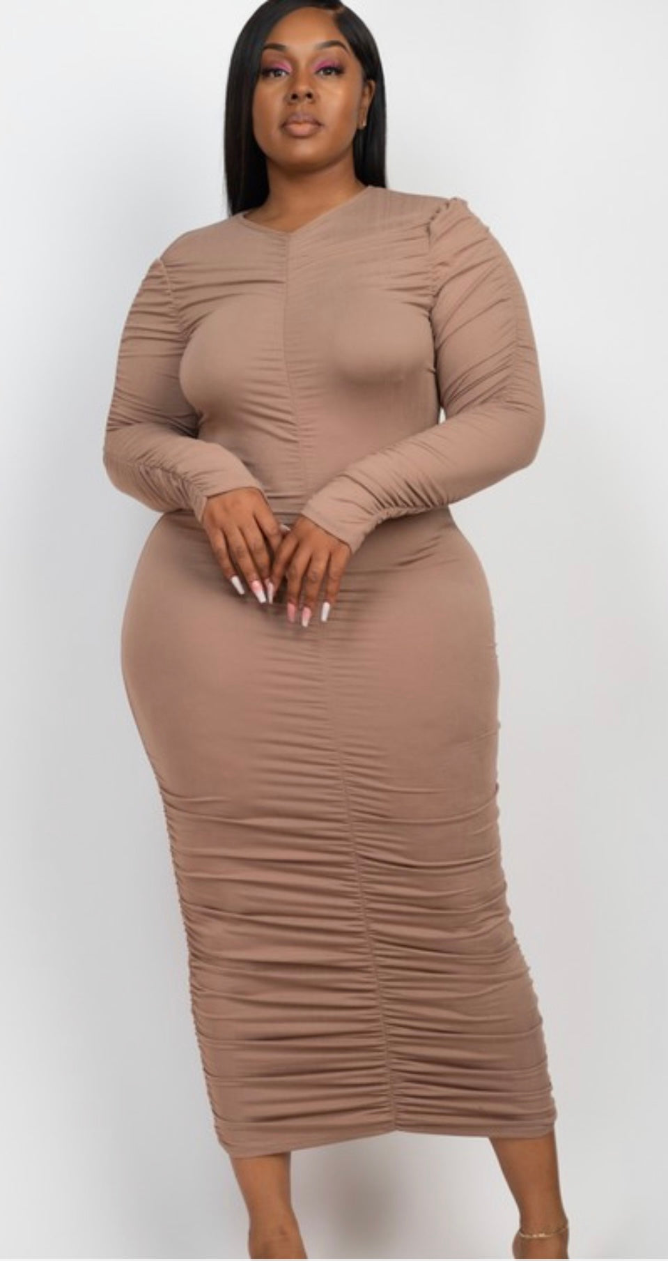 date night midi dress Plus Size Ruched Long Sleeve Midi Dress, Taupe gray / 2XL